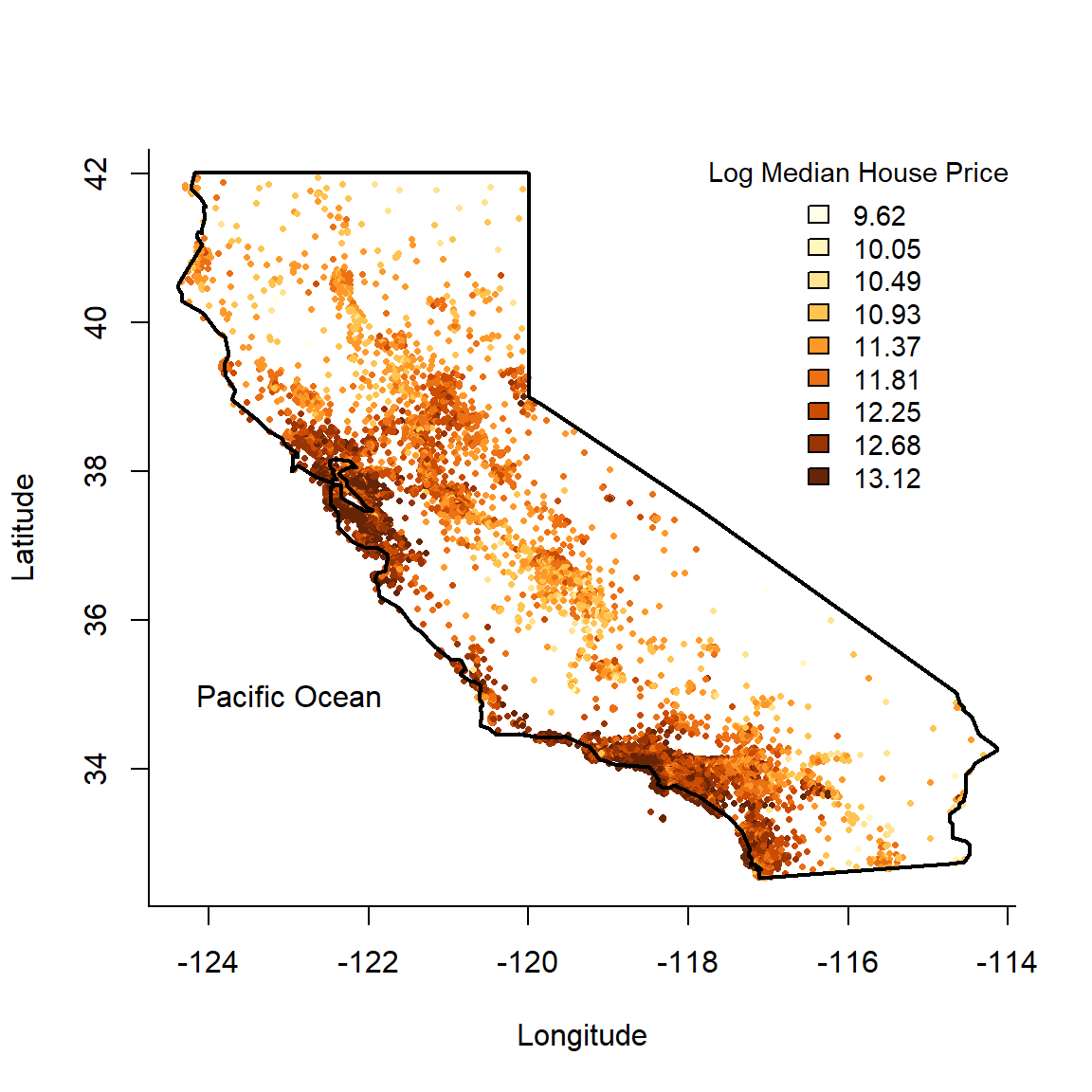 Californian median neighbourhood house prices (logscale) in 1990.