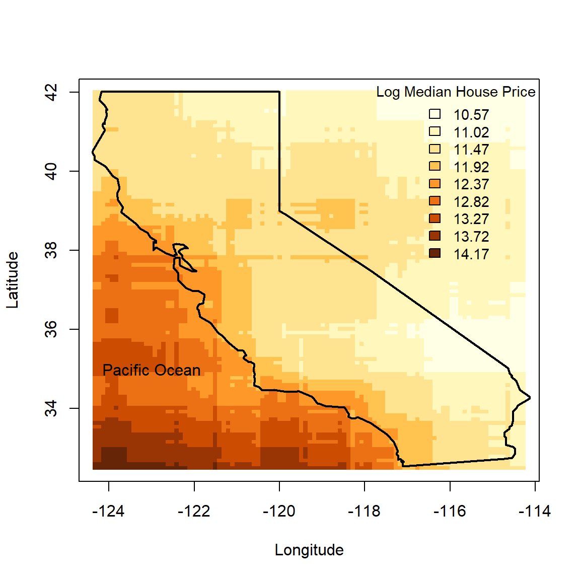 Partial dependence plot of the location information for the gbm model fitted to the feature-engineered California housing dataset.