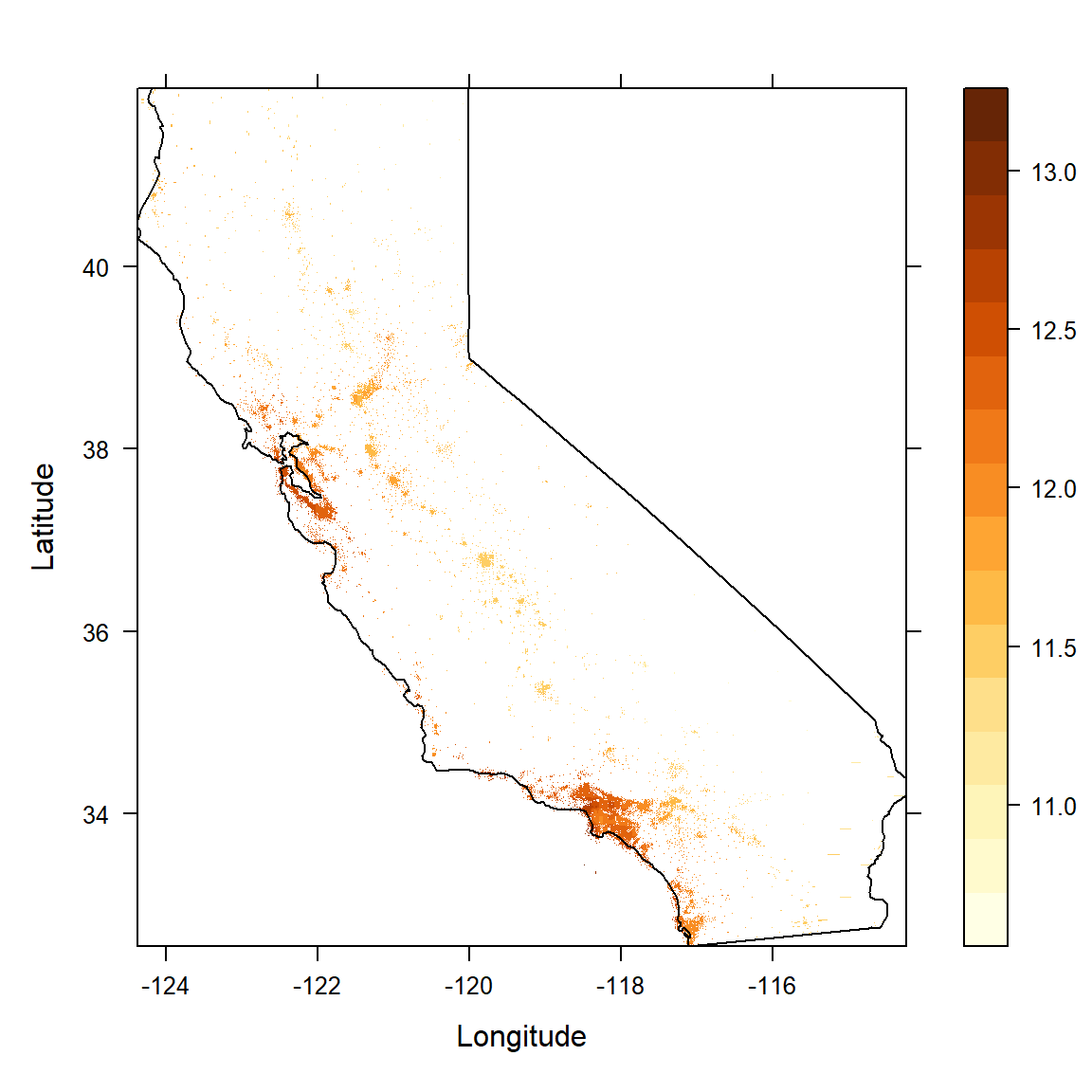 Partial dependence plot for the observed location information for the gbm model fitted to the feature-engineered California housing dataset.